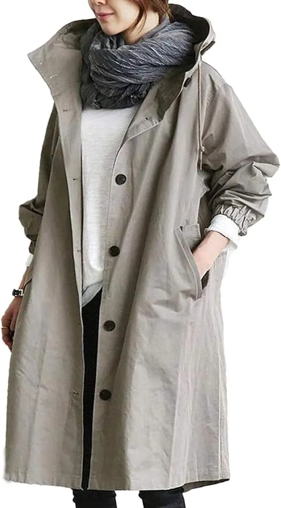 2024 New Hooded Trench Coat - Women's Single Breasted Long Trench Coat, Windproof Classic Overcoat Outwear