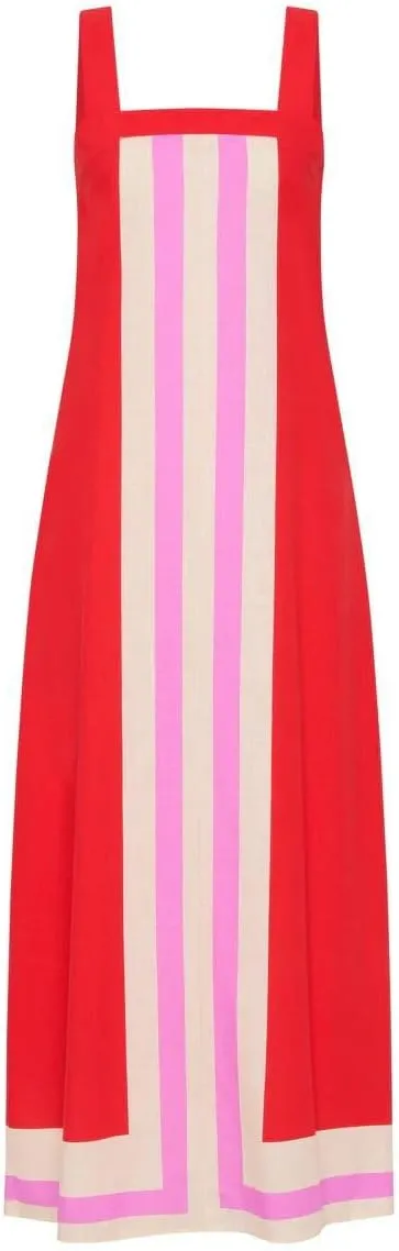 2025 Women Boho Summer Floral Dress Color Block Maxi Casual Striped Beach Coverups Overall Dress