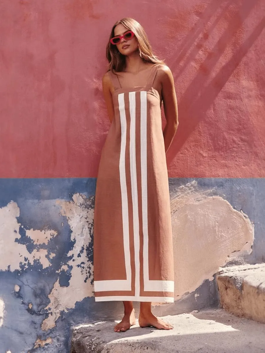 2025 Women Boho Summer Floral Dress Color Block Maxi Casual Striped Beach Coverups Overall Dress