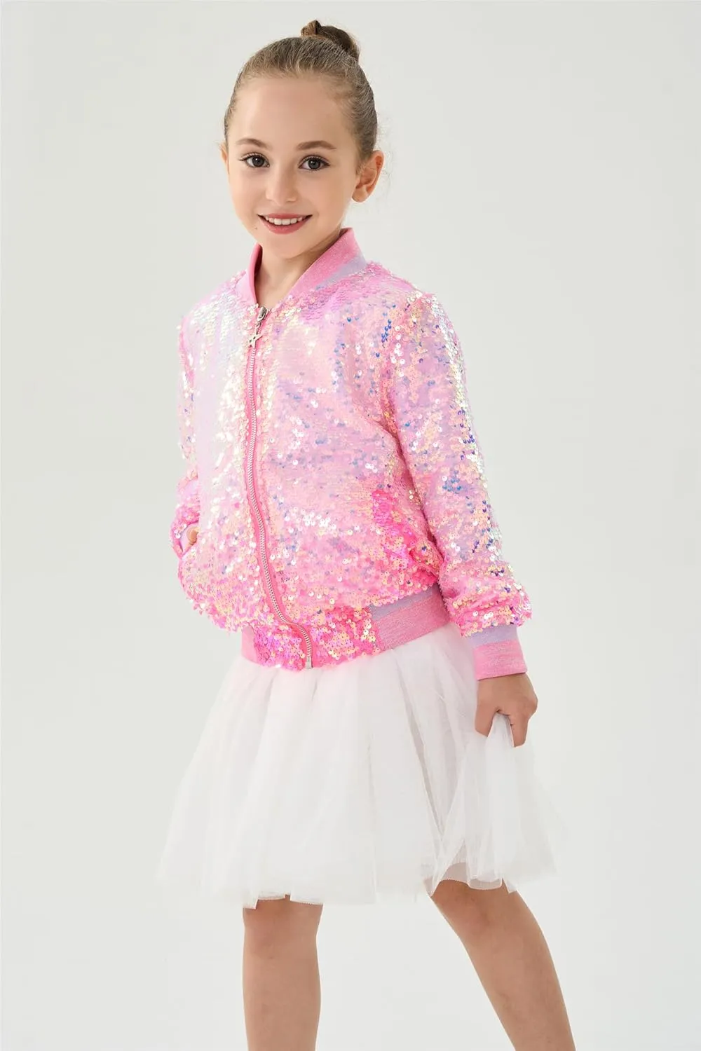 2Bunnies Girl Ombre Pastel Gradient Shimmer Sparkle Colorful Sequin Bomber Jacket