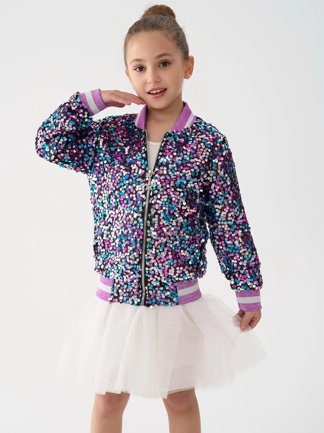 2Bunnies Girl Ombre Pastel Gradient Shimmer Sparkle Colorful Sequin Bomber Jacket