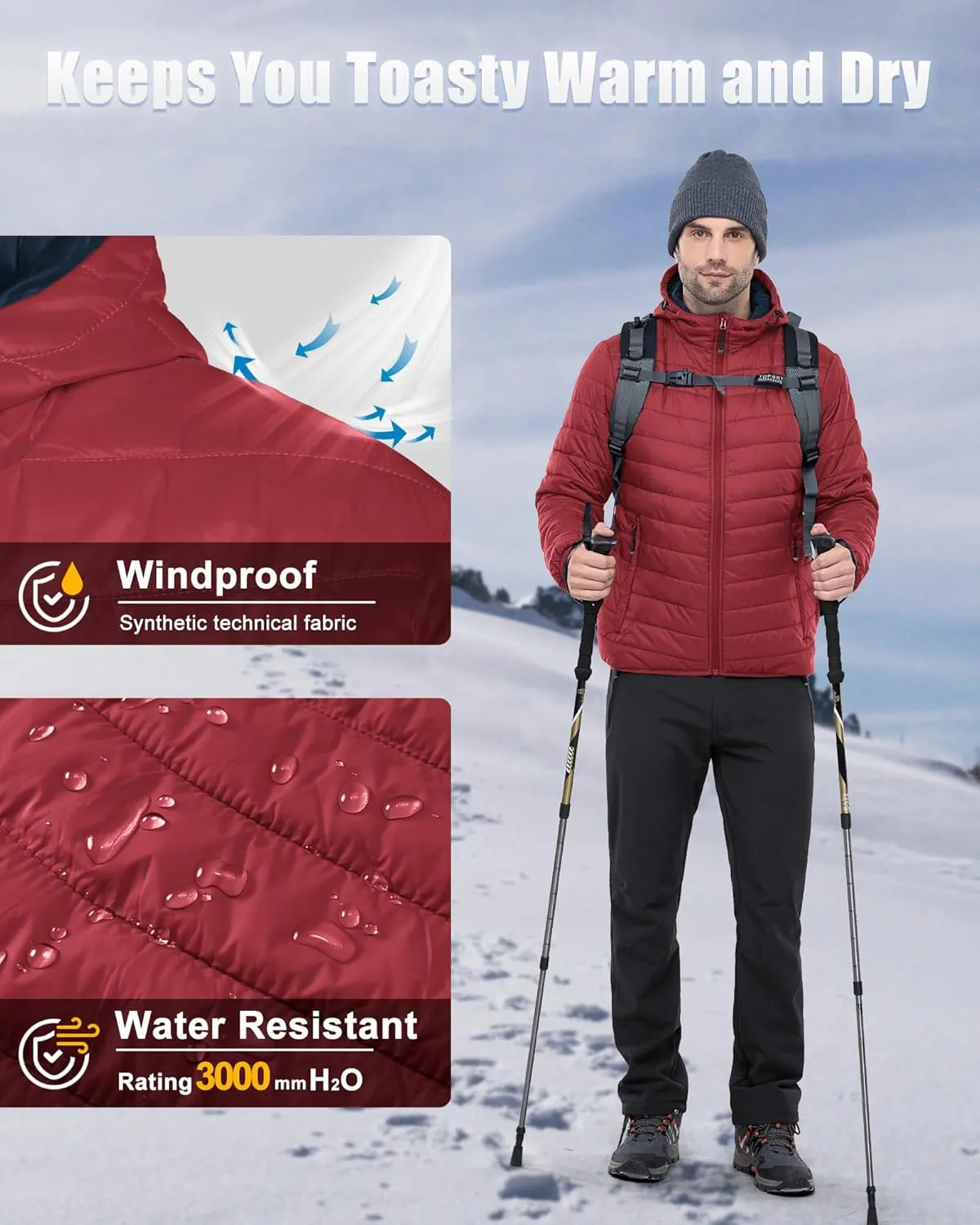 33,000ft Men's Lightweight Packable Insulated Puffer Winter Jacket with Hood, Water-Resistant Down Alternative Puffy Coat
