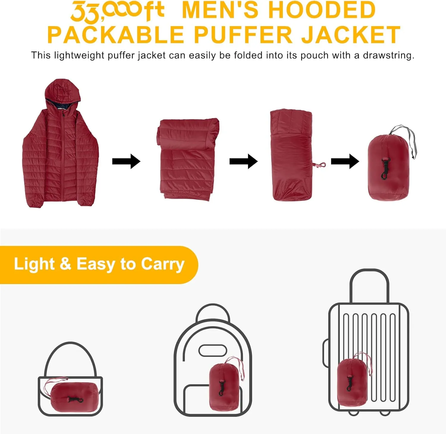 33,000ft Men's Lightweight Packable Insulated Puffer Winter Jacket with Hood, Water-Resistant Down Alternative Puffy Coat