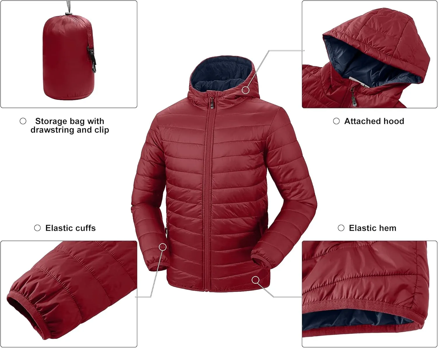 33,000ft Men's Lightweight Packable Insulated Puffer Winter Jacket with Hood, Water-Resistant Down Alternative Puffy Coat