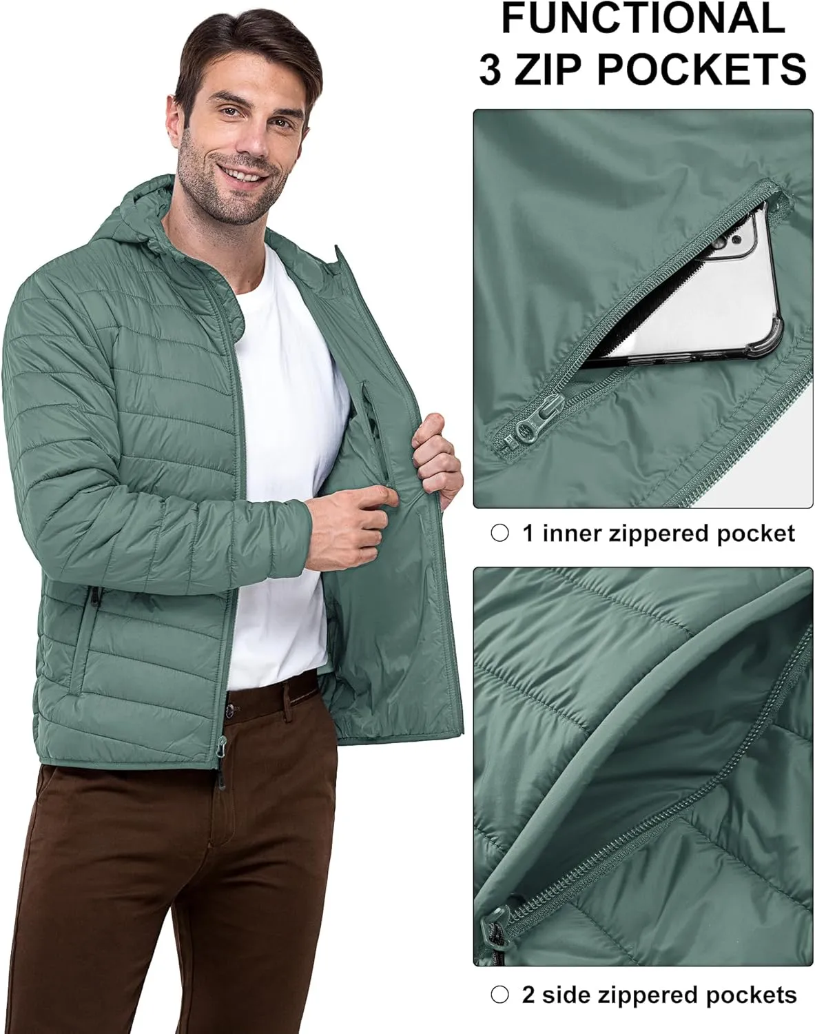 33,000ft Men's Lightweight Packable Insulated Puffer Winter Jacket with Hood, Water-Resistant Down Alternative Puffy Coat