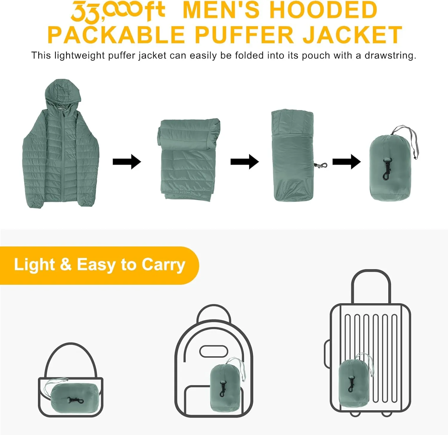 33,000ft Men's Lightweight Packable Insulated Puffer Winter Jacket with Hood, Water-Resistant Down Alternative Puffy Coat