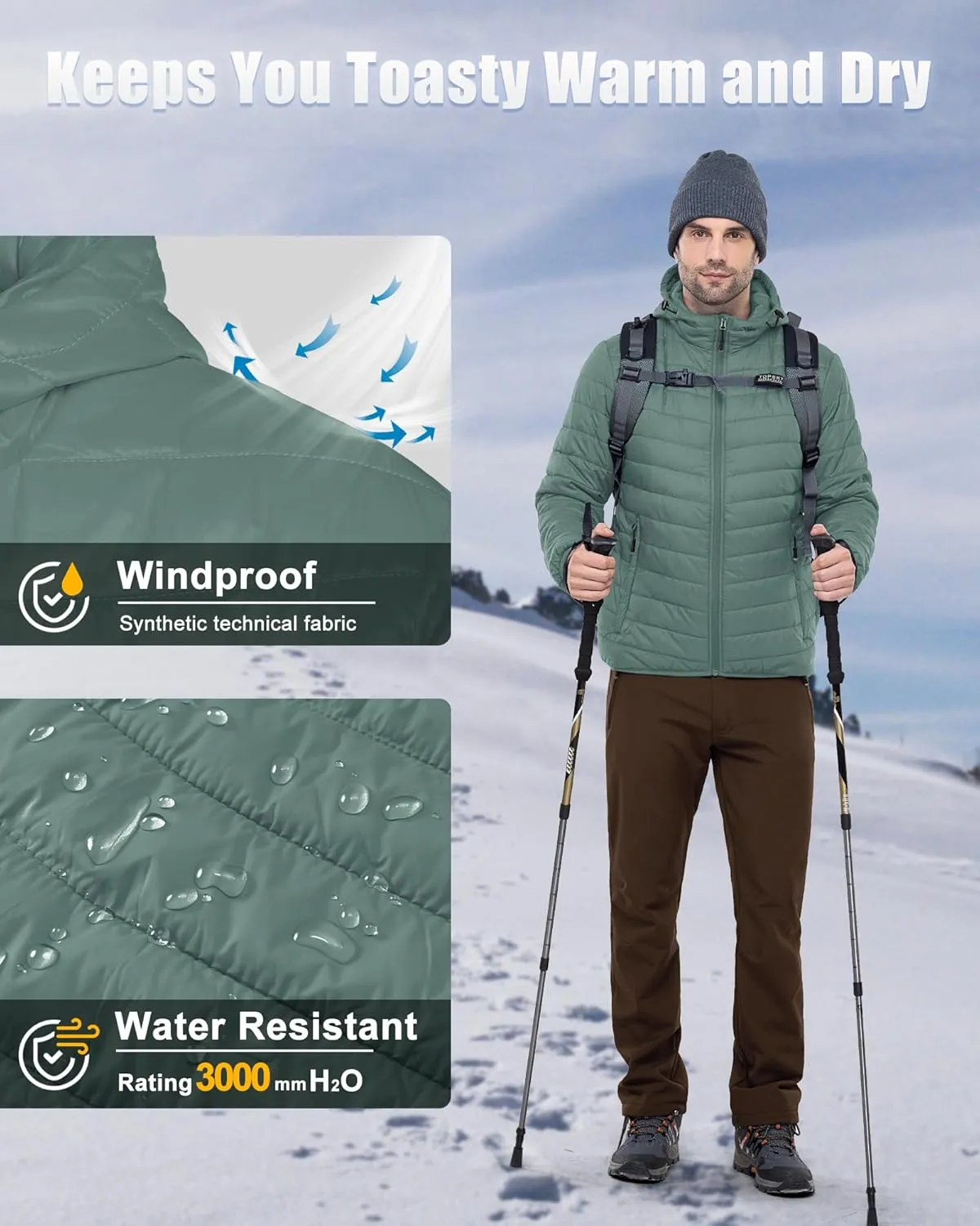 33,000ft Men's Lightweight Packable Insulated Puffer Winter Jacket with Hood, Water-Resistant Down Alternative Puffy Coat