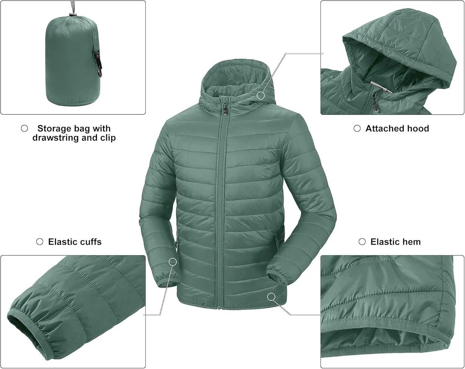 33,000ft Men's Lightweight Packable Insulated Puffer Winter Jacket with Hood, Water-Resistant Down Alternative Puffy Coat