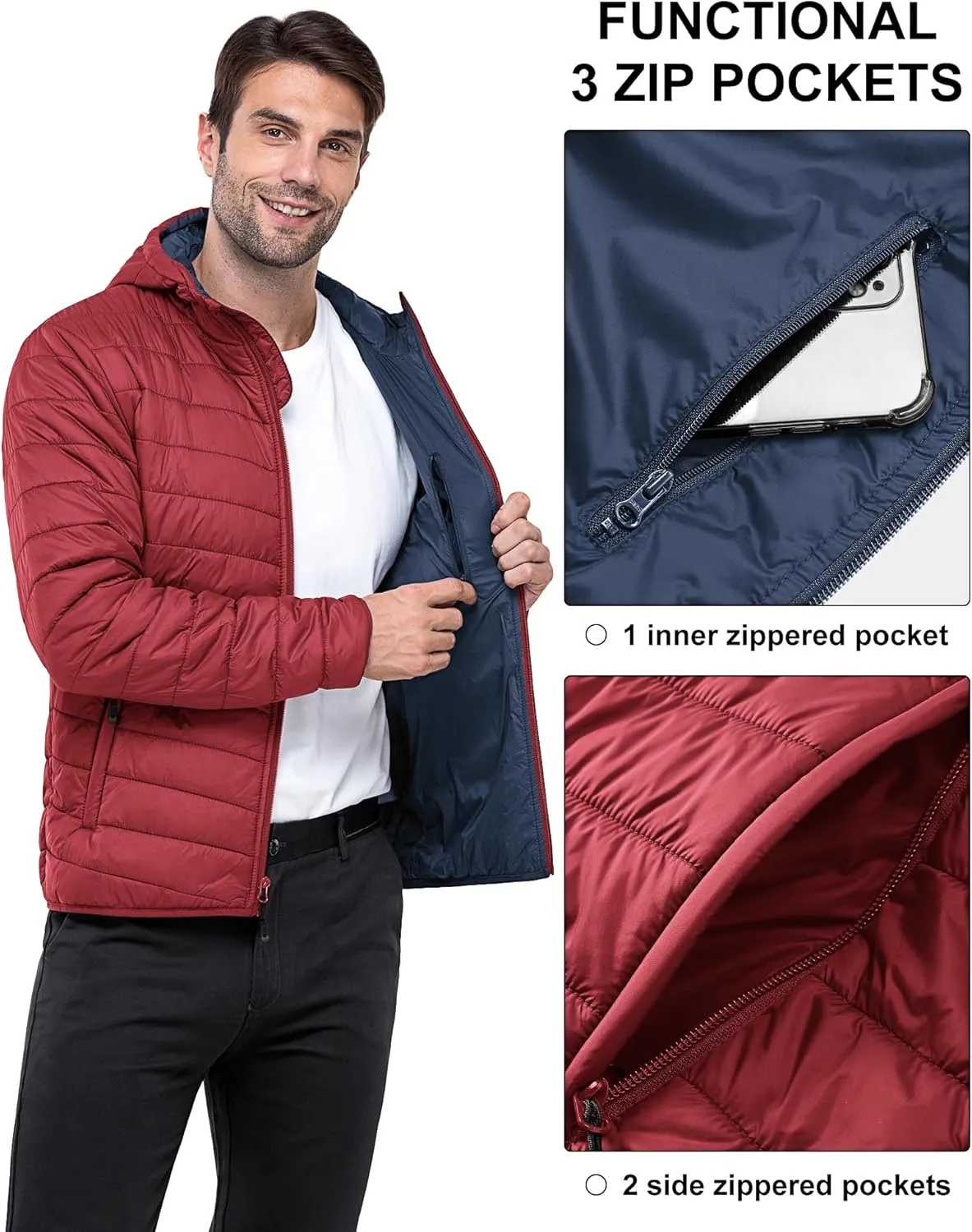 33,000ft Men's Lightweight Packable Insulated Puffer Winter Jacket with Hood, Water-Resistant Down Alternative Puffy Coat