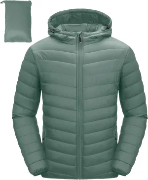 33,000ft Men's Lightweight Packable Insulated Puffer Winter Jacket with Hood, Water-Resistant Down Alternative Puffy Coat