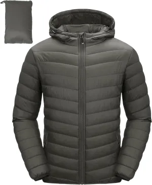 33,000ft Men's Lightweight Packable Insulated Puffer Winter Jacket with Hood, Water-Resistant Down Alternative Puffy Coat