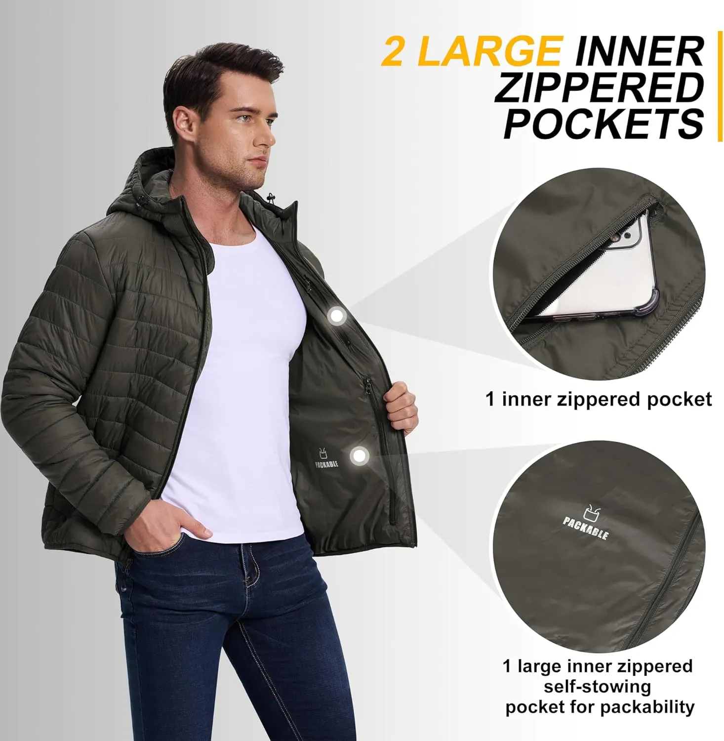 33,000ft Men's Lightweight Packable Insulated Puffer Winter Jacket with Hood, Water-Resistant Down Alternative Puffy Coat