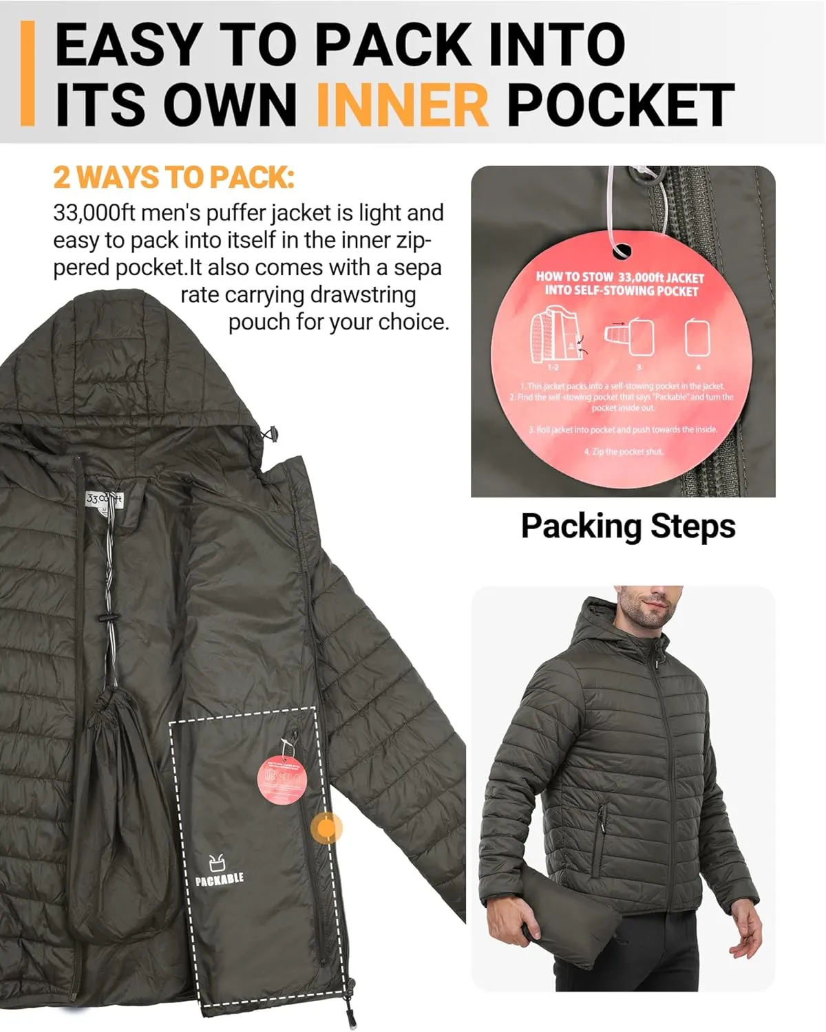 33,000ft Men's Lightweight Packable Insulated Puffer Winter Jacket with Hood, Water-Resistant Down Alternative Puffy Coat