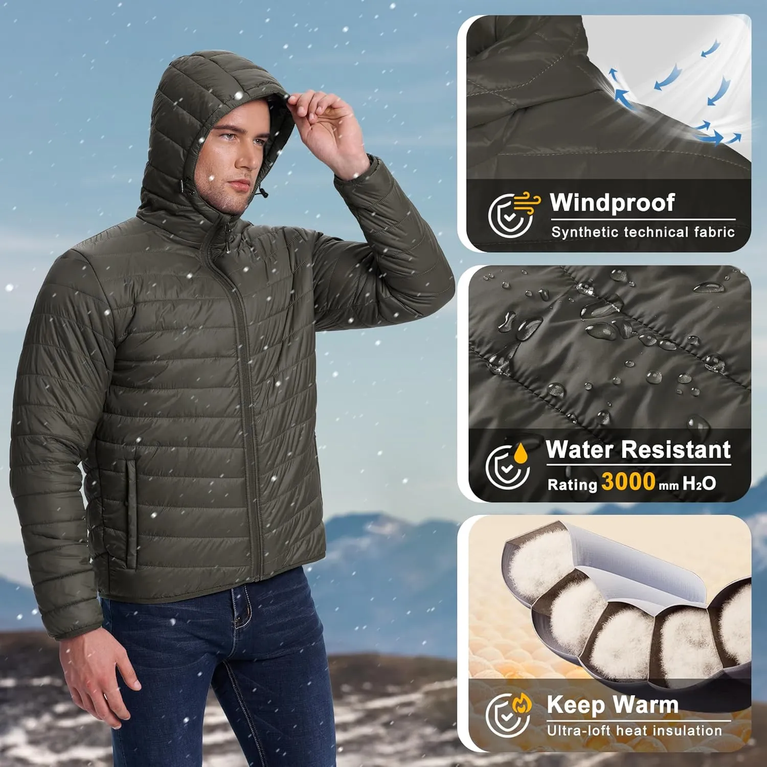 33,000ft Men's Lightweight Packable Insulated Puffer Winter Jacket with Hood, Water-Resistant Down Alternative Puffy Coat