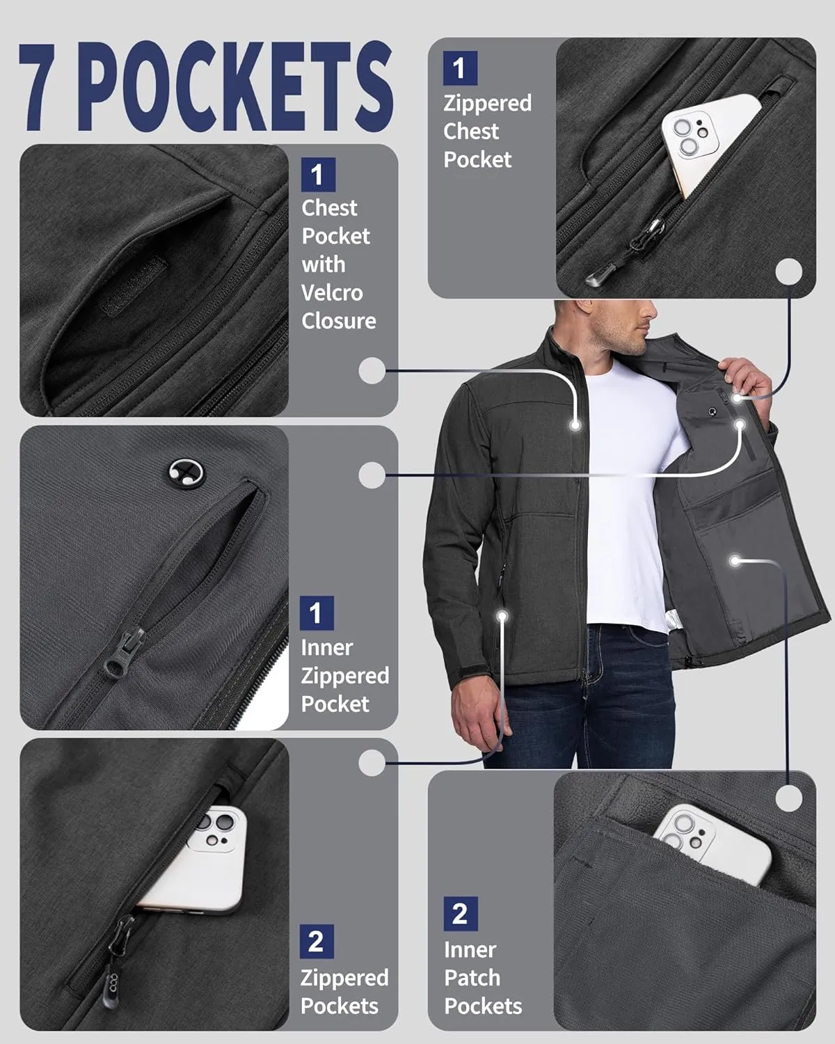 33,000ft Men's Lightweight Softshell Jacket Warm Fleece Lined Windbreaker Waterproof Soft Shell for Outdoor Hiking