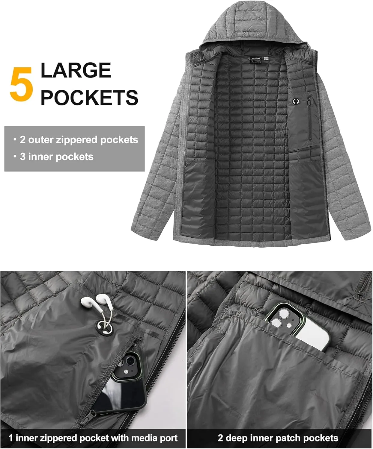 33,000ft Men's Thermolite Packable Hooded Quilted Puffer Jacket, Lightweight Warm Puffy Insulated Winter Coat