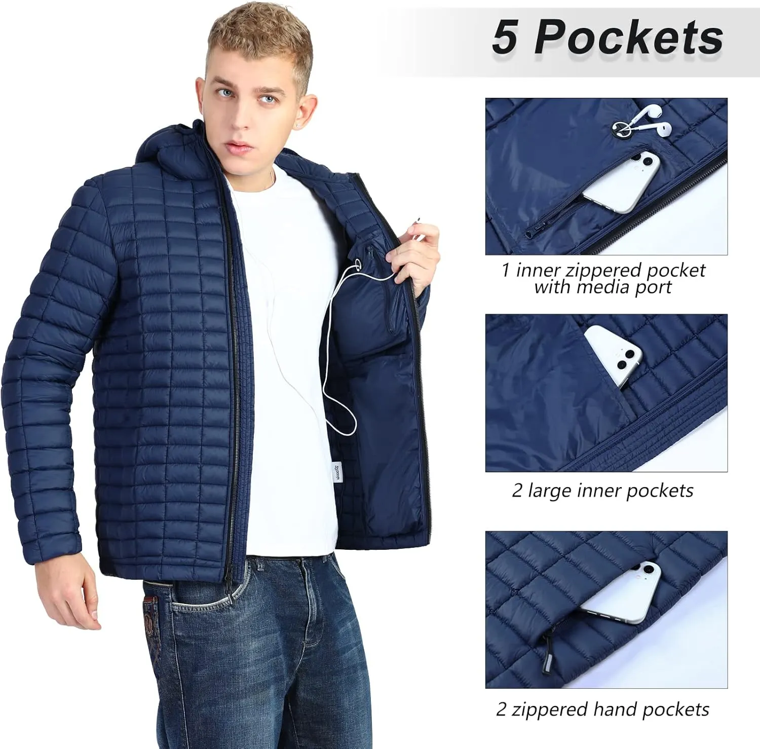 33,000ft Men's Thermolite Packable Hooded Quilted Puffer Jacket, Lightweight Warm Puffy Insulated Winter Coat