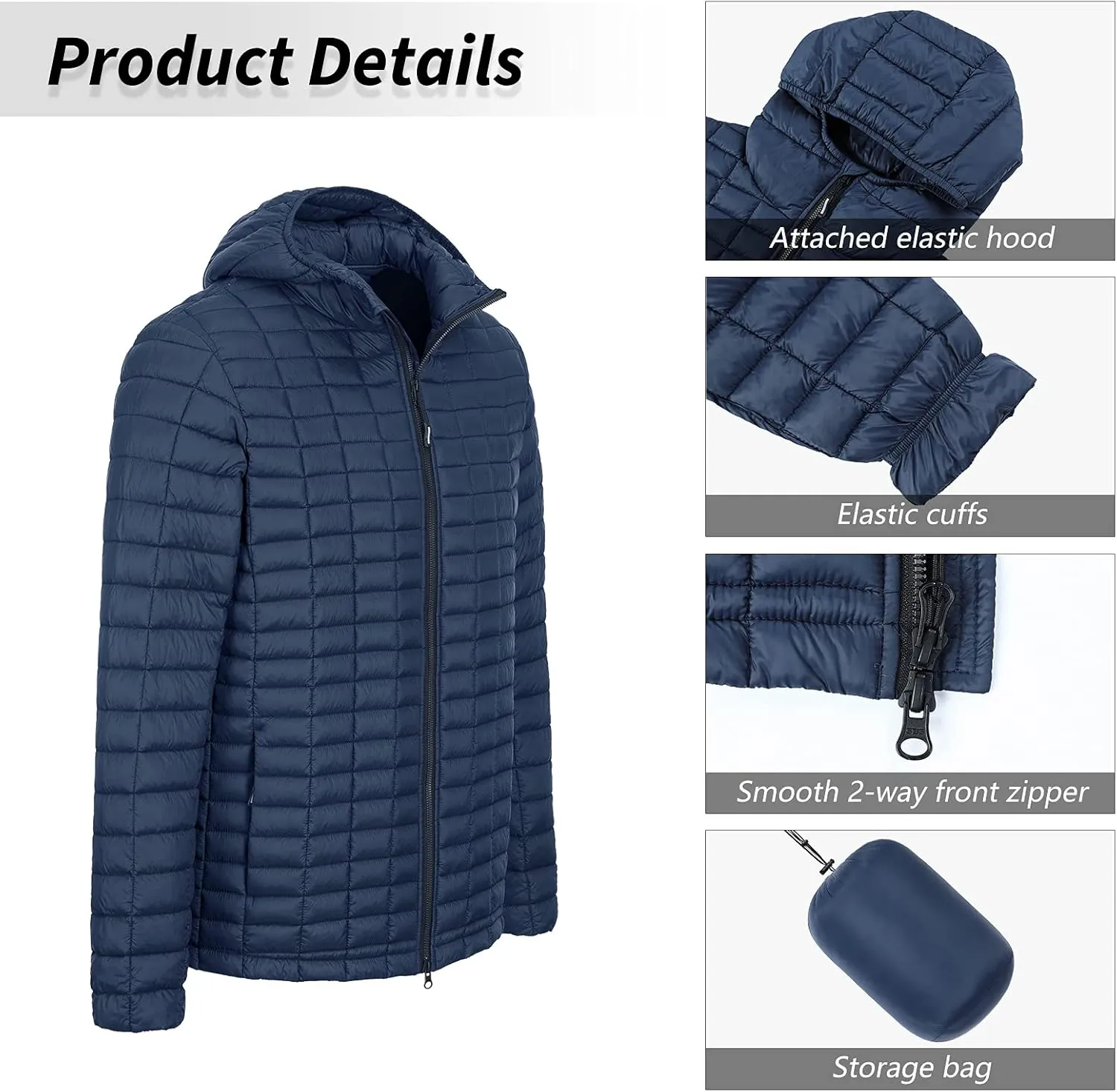 33,000ft Men's Thermolite Packable Hooded Quilted Puffer Jacket, Lightweight Warm Puffy Insulated Winter Coat