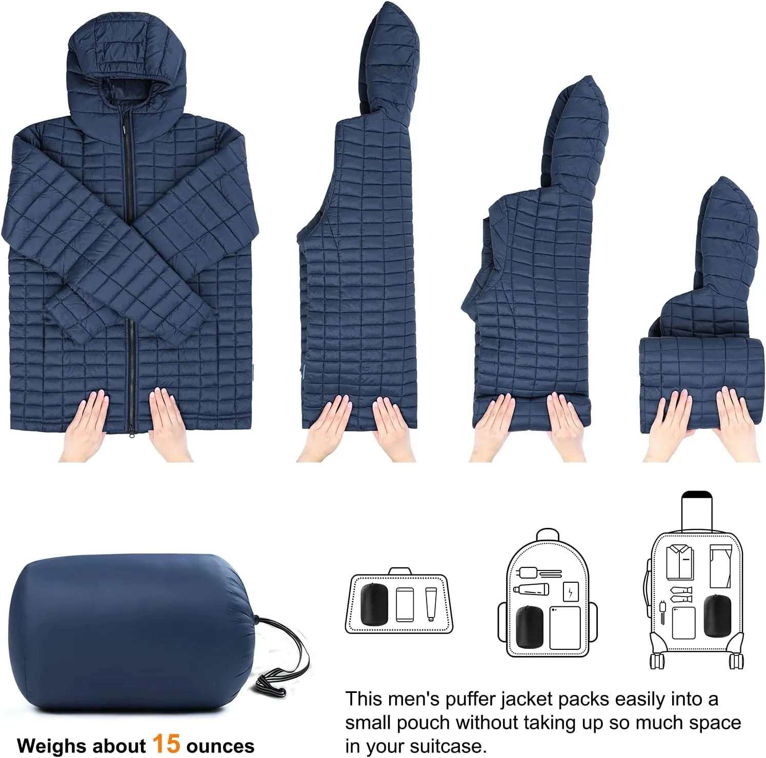 33,000ft Men's Thermolite Packable Hooded Quilted Puffer Jacket, Lightweight Warm Puffy Insulated Winter Coat