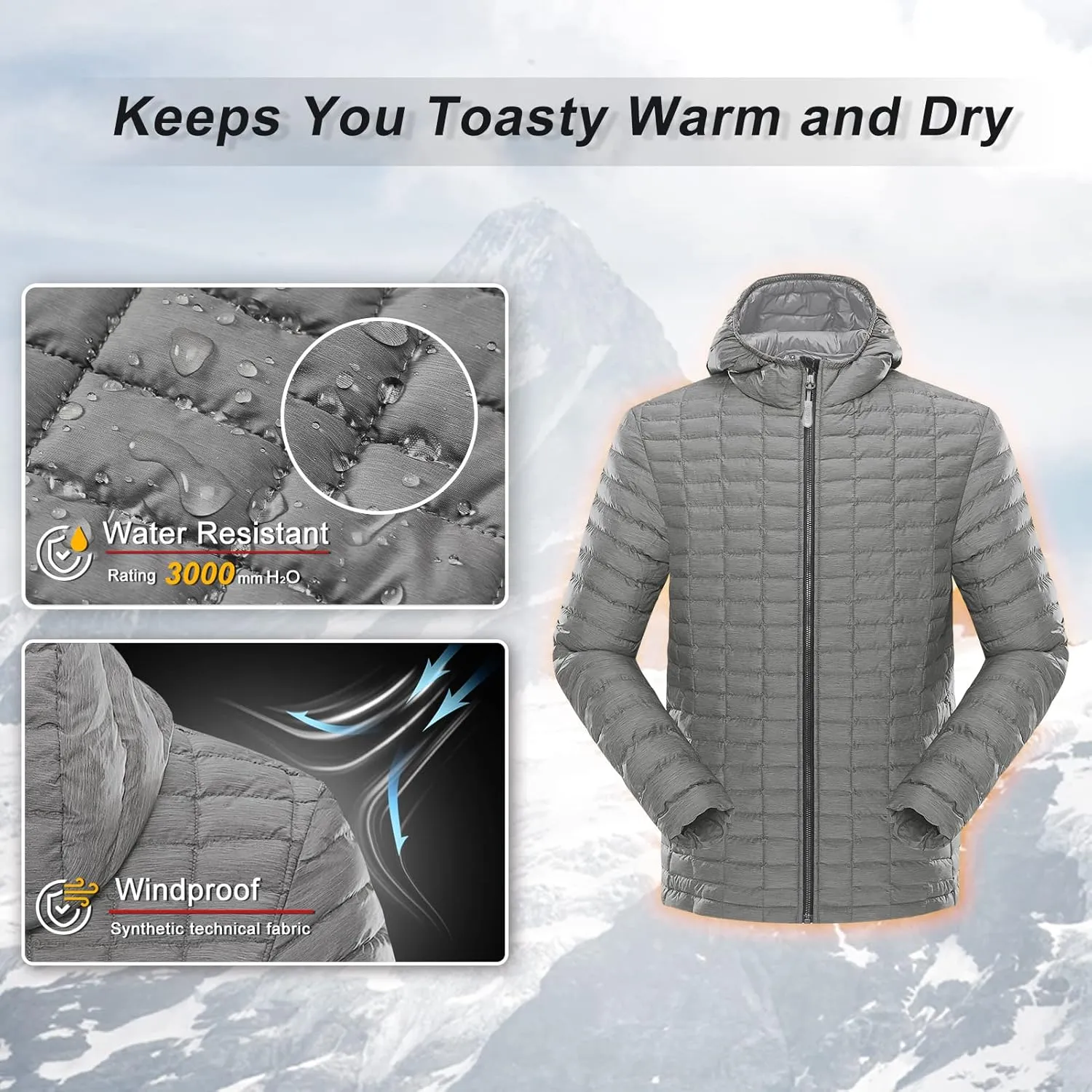 33,000ft Men's Thermolite Packable Hooded Quilted Puffer Jacket, Lightweight Warm Puffy Insulated Winter Coat