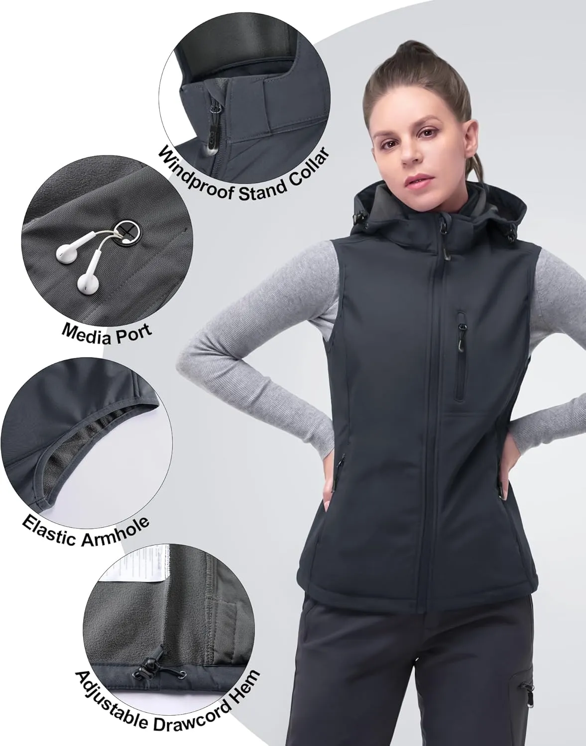 33,000ft Women's Hooded Lightweight Softshell Vest Fleece Lined Windproof Zip Up Sleeveless Jacket for Hiking Golf Running