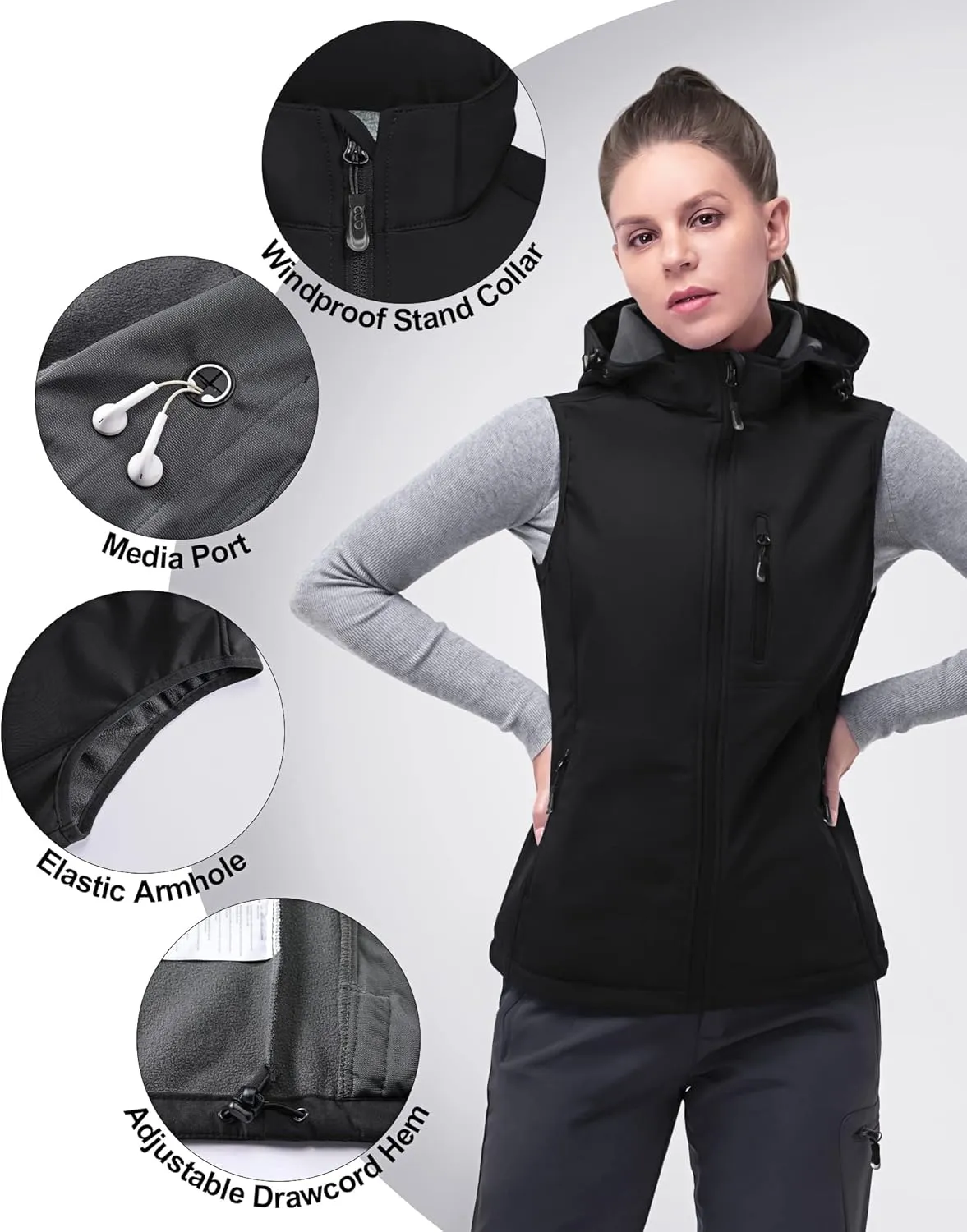 33,000ft Women's Hooded Lightweight Softshell Vest Fleece Lined Windproof Zip Up Sleeveless Jacket for Hiking Golf Running