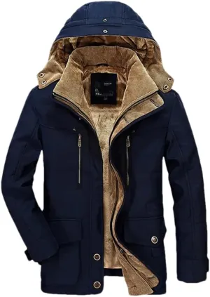 Adhdyuud Men Thick Cotton-Padded Jacket Winter Mid-Length Hooded Parka Coat With Hat Detachable