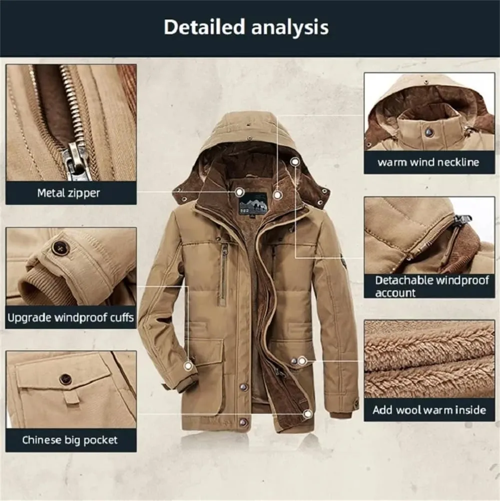 Adhdyuud Men Thick Cotton-Padded Jacket Winter Mid-Length Hooded Parka Coat With Hat Detachable