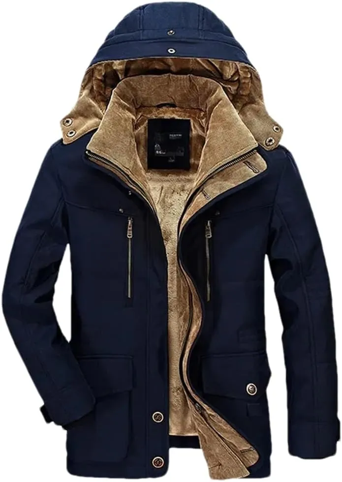 Adhdyuud Men Thick Cotton-Padded Jacket Winter Mid-Length Hooded Parka Coat With Hat Detachable