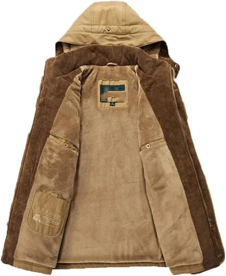 Adhdyuud Men Thick Cotton-Padded Jacket Winter Mid-Length Hooded Parka Coat With Hat Detachable