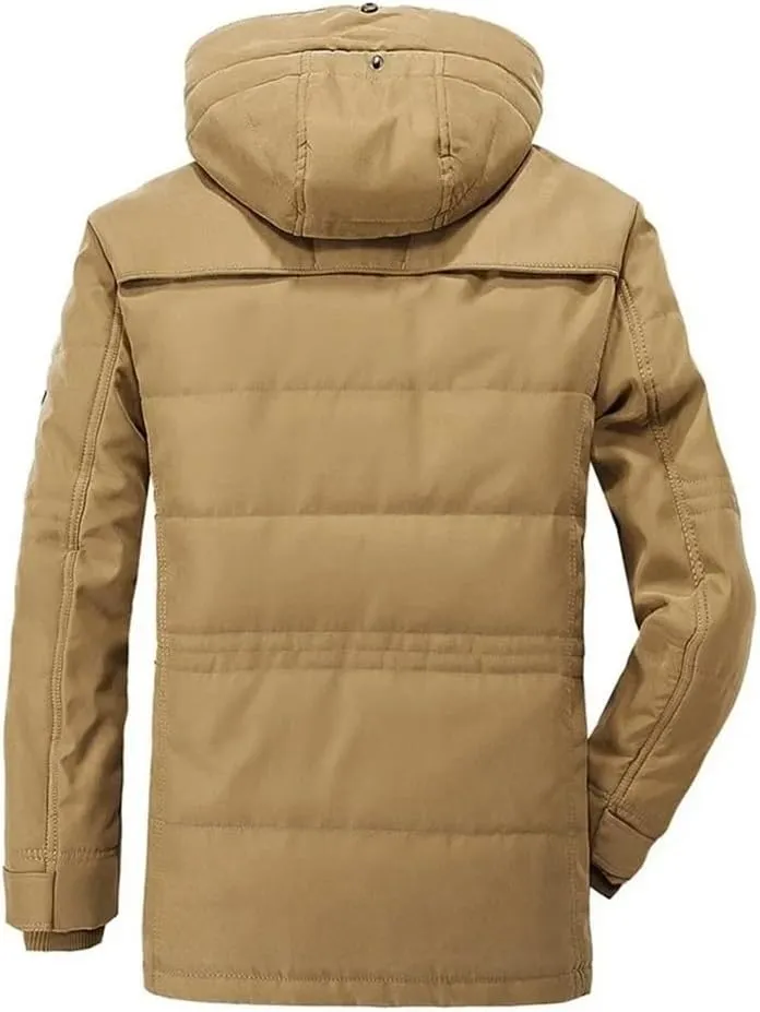 Adhdyuud Men Thick Cotton-Padded Jacket Winter Mid-Length Hooded Parka Coat With Hat Detachable