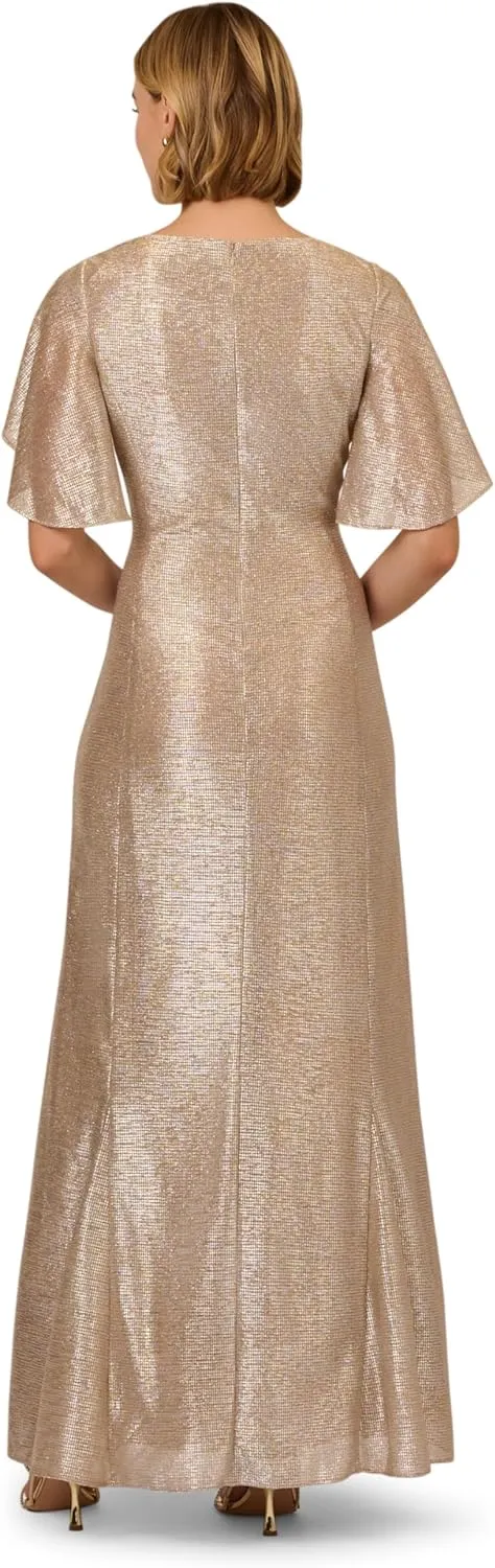 Adrianna Papell Women's Metallic Flutter Knit Gown
