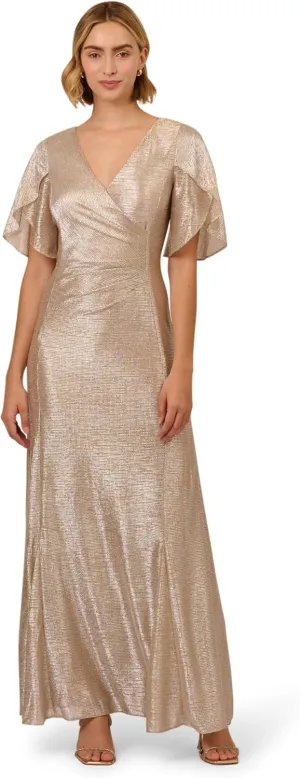 Adrianna Papell Women's Metallic Flutter Knit Gown
