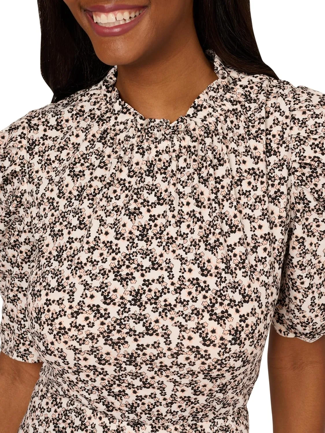 Adrianna Papell Women's Ruffle Neck Short Sleeve Dress