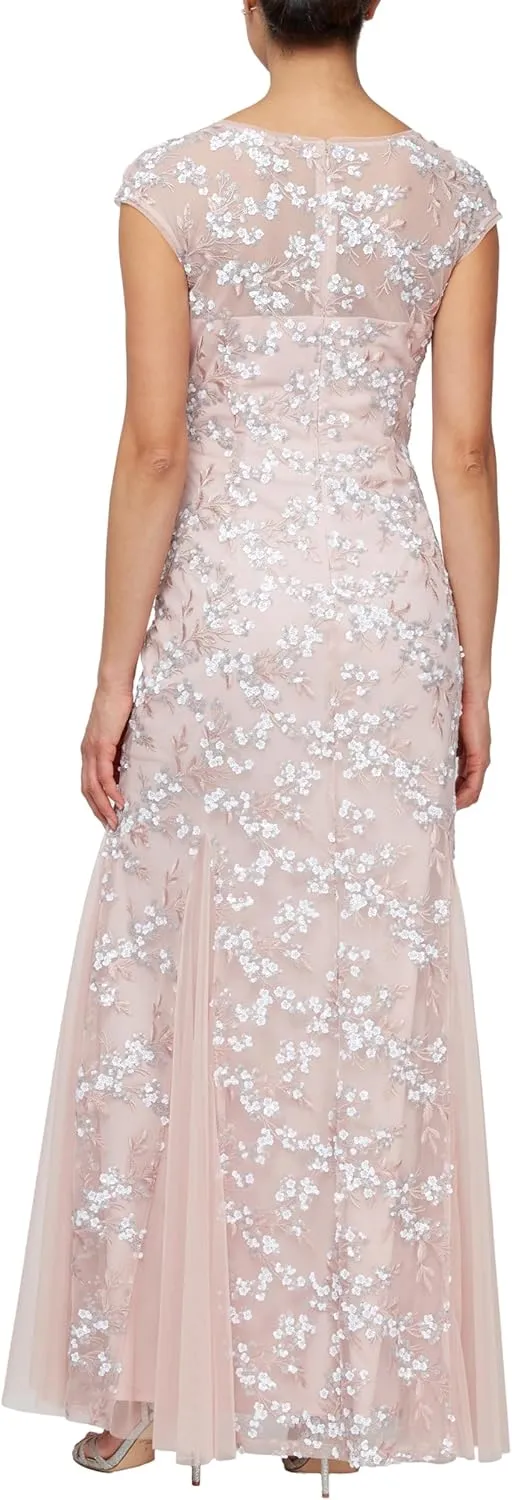 Alex Evenings Women's Floor Length Fit and Flare Gown with Illusion V-Neckline and Godet Detail, Mother of The Bride Dress