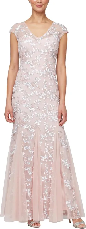 Alex Evenings Women's Floor Length Fit and Flare Gown with Illusion V-Neckline and Godet Detail, Mother of The Bride Dress