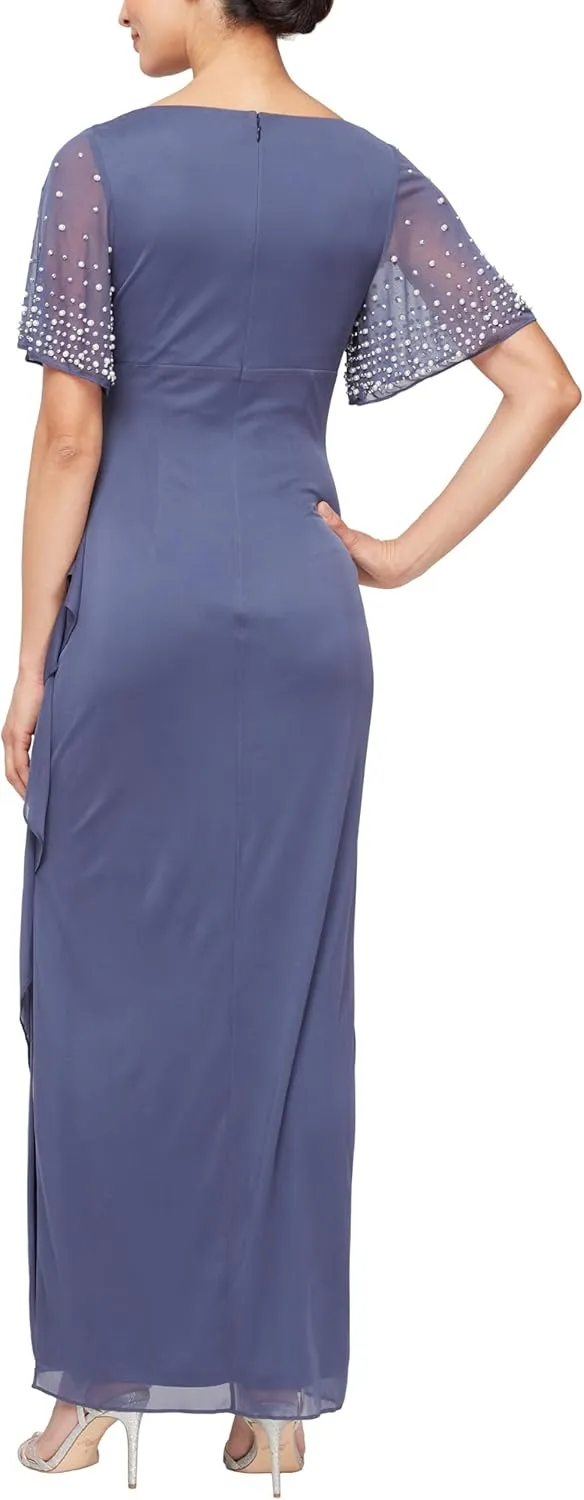 Alex Evenings Women's Flutter Sleeve Long Mother of The Bride Dress with Ruched Empire Waist (Petite and Regular Sizes)