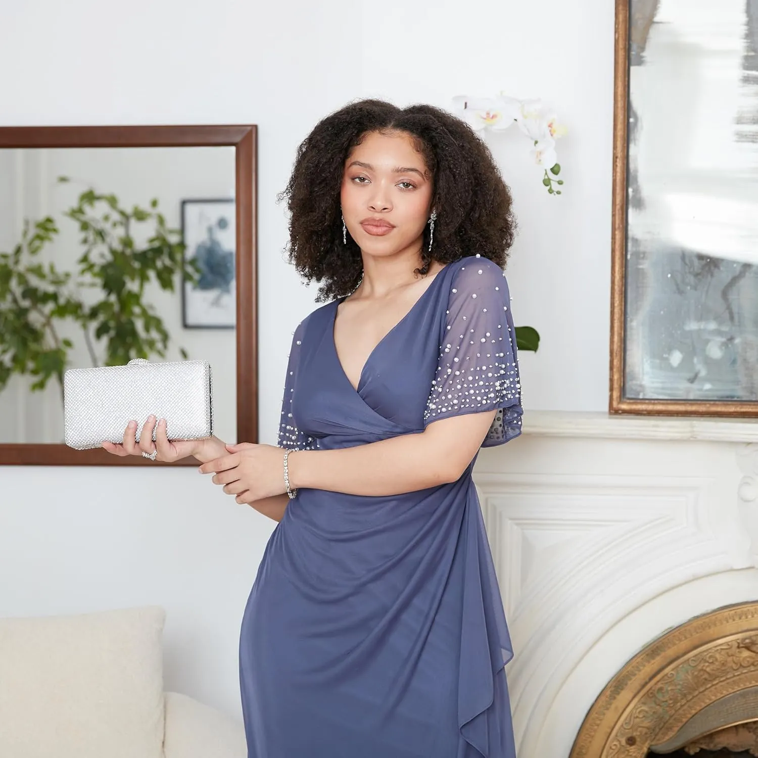 Alex Evenings Women's Flutter Sleeve Long Mother of The Bride Dress with Ruched Empire Waist (Petite and Regular Sizes)