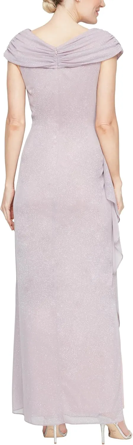 Alex Evenings Women's Long L-Neck Glitter Mesh Mother of The Bride Dress with Ruched Neckline (Petite and Regular Sizes)