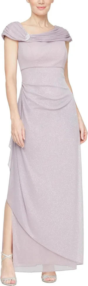 Alex Evenings Women's Long L-Neck Glitter Mesh Mother of The Bride Dress with Ruched Neckline (Petite and Regular Sizes)