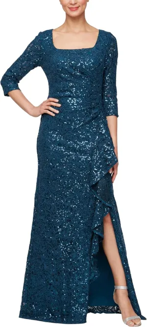 Alex Evenings Women's Long Length Sequin Mother of The Bride Gown, Formal Event Dress with  Sleeves and Cascade Ruffle