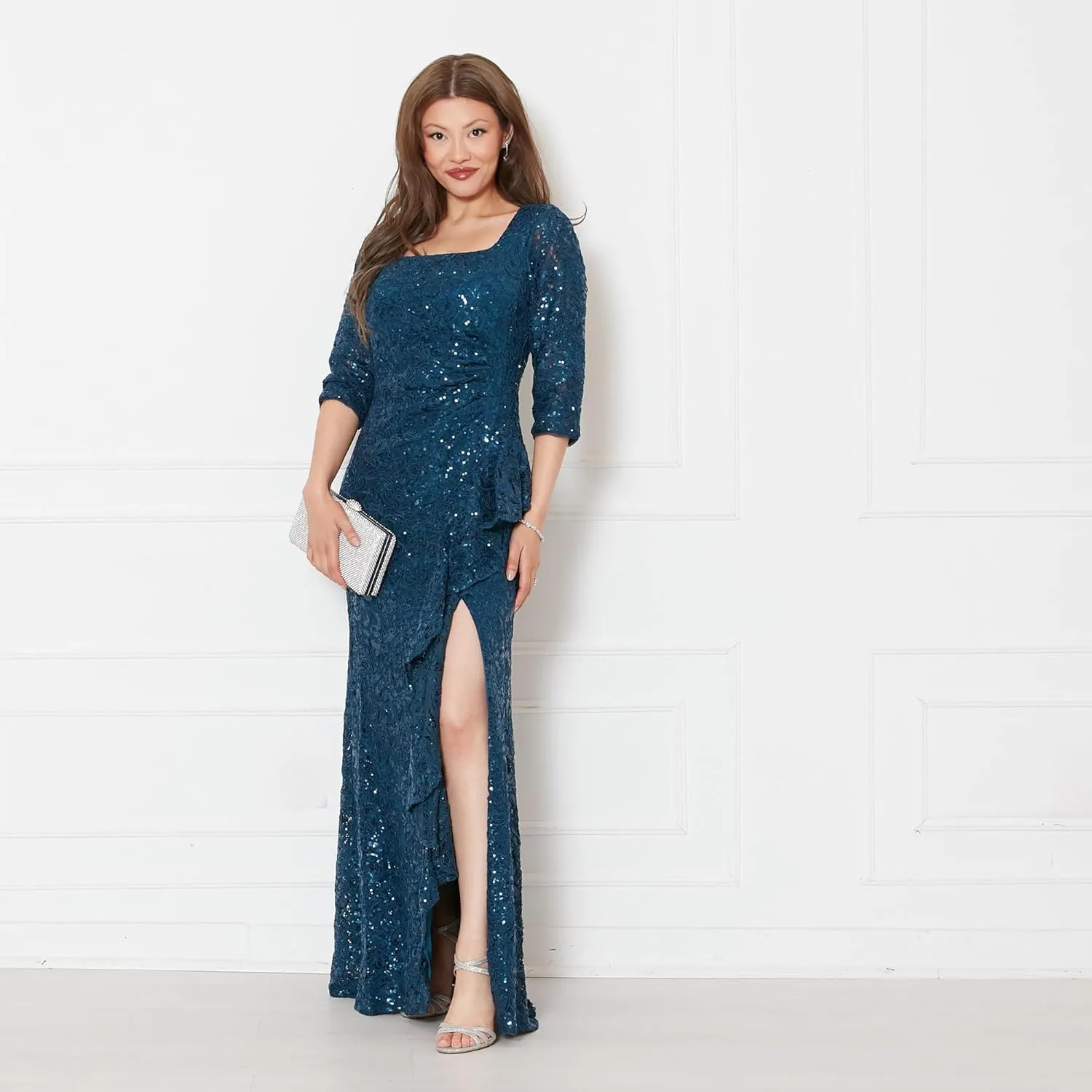 Alex Evenings Women's Long Length Sequin Mother of The Bride Gown, Formal Event Dress with  Sleeves and Cascade Ruffle