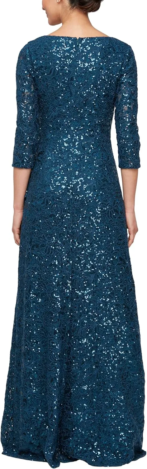 Alex Evenings Women's Long Length Sequin Mother of The Bride Gown, Formal Event Dress with  Sleeves and Cascade Ruffle