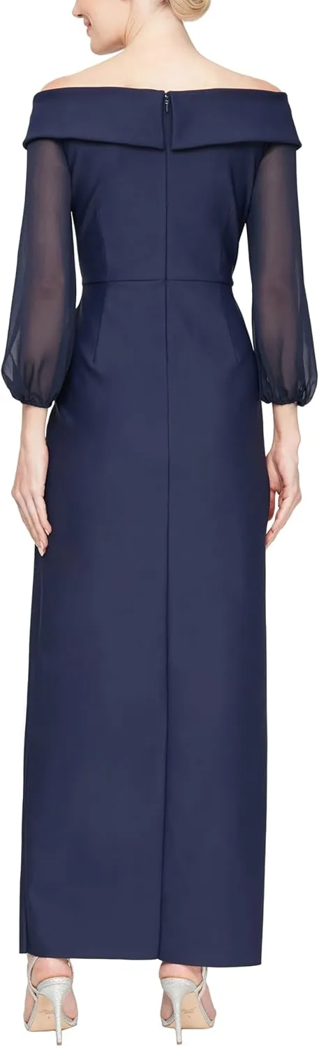 Alex Evenings Women's Long Off The Shoulder Mother of The Bride Dress with Illusion Sleeves, Cascade Ruffle & Front Slit