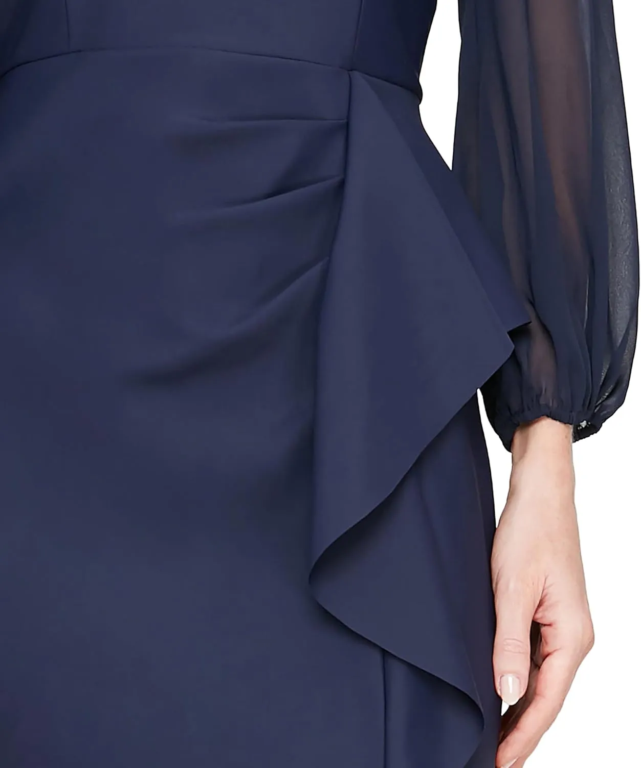 Alex Evenings Women's Long Off The Shoulder Mother of The Bride Dress with Illusion Sleeves, Cascade Ruffle & Front Slit