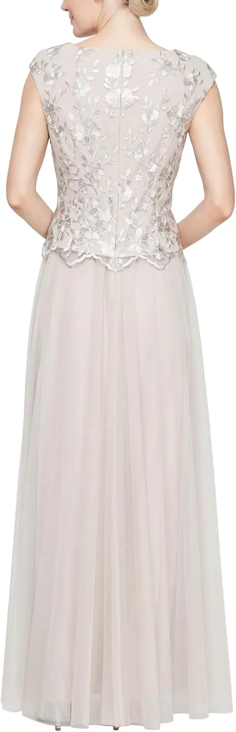 Alex Evenings Women's Long V-Neck Embroidered Mother of The Bride Dress W/Cap Sleeves, Full Skirt (Petite and Regular Sizes)