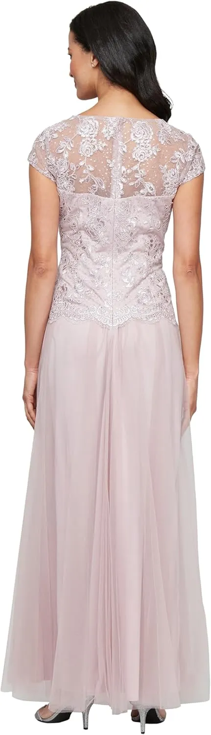 Alex Evenings Women's Long V-Neck Embroidered Mother of The Bride Dress W/Cap Sleeves, Full Skirt (Petite and Regular Sizes)