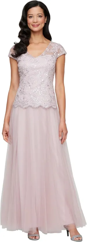 Alex Evenings Women's Long V-Neck Embroidered Mother of The Bride Dress W/Cap Sleeves, Full Skirt (Petite and Regular Sizes)