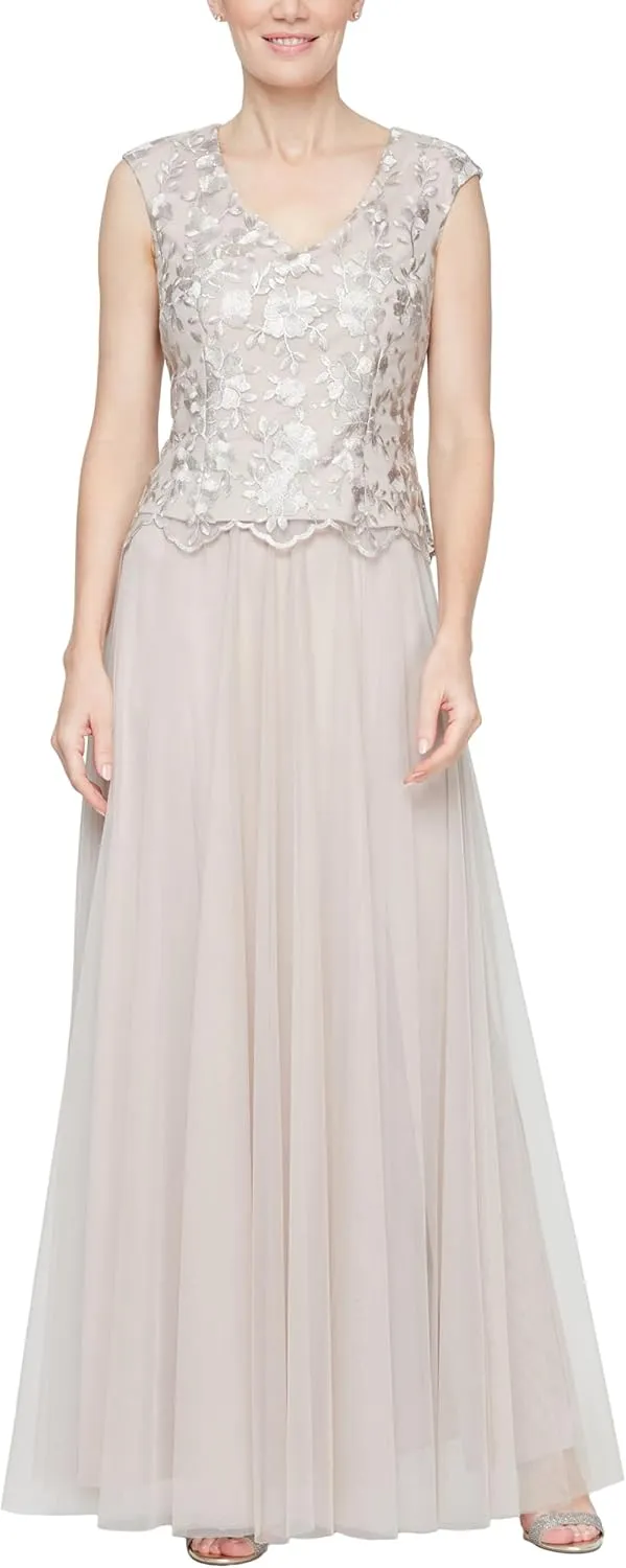 Alex Evenings Women's Long V-Neck Embroidered Mother of The Bride Dress W/Cap Sleeves, Full Skirt (Petite and Regular Sizes)