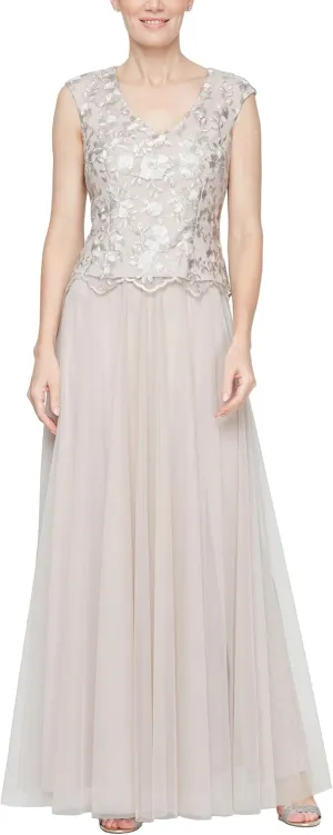 Alex Evenings Women's Long V-Neck Embroidered Mother of The Bride Dress W/Cap Sleeves, Full Skirt (Petite and Regular Sizes)